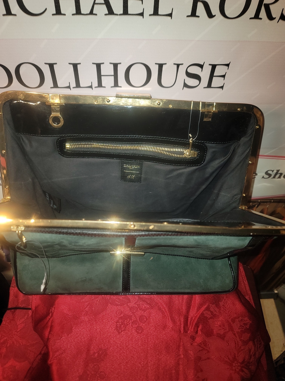Balmain- Paris × H&M Green and Black Structured Frame Bag with Gold Hardware